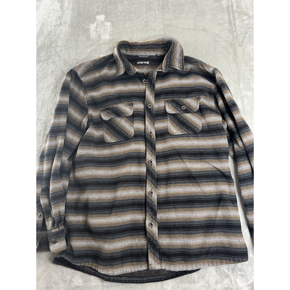 Solaris Mens Shirt Large Brown Gray Striped Button Front Shacket